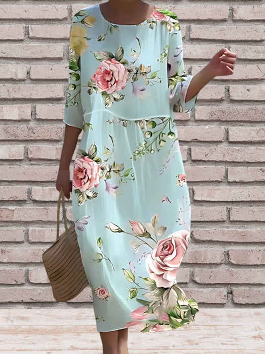 Elegant Women's Midi Dress in Lightweight Flowing Fabric with 3/4 sleeve and Floral print | Light green