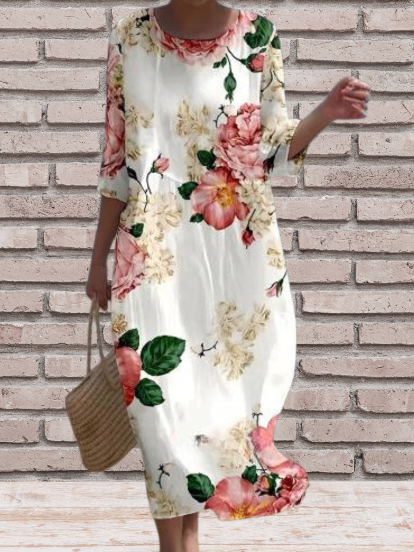 Elegant Women's Midi Dress in Lightweight Flowing Fabric with 3/4 sleeve and Floral print | White