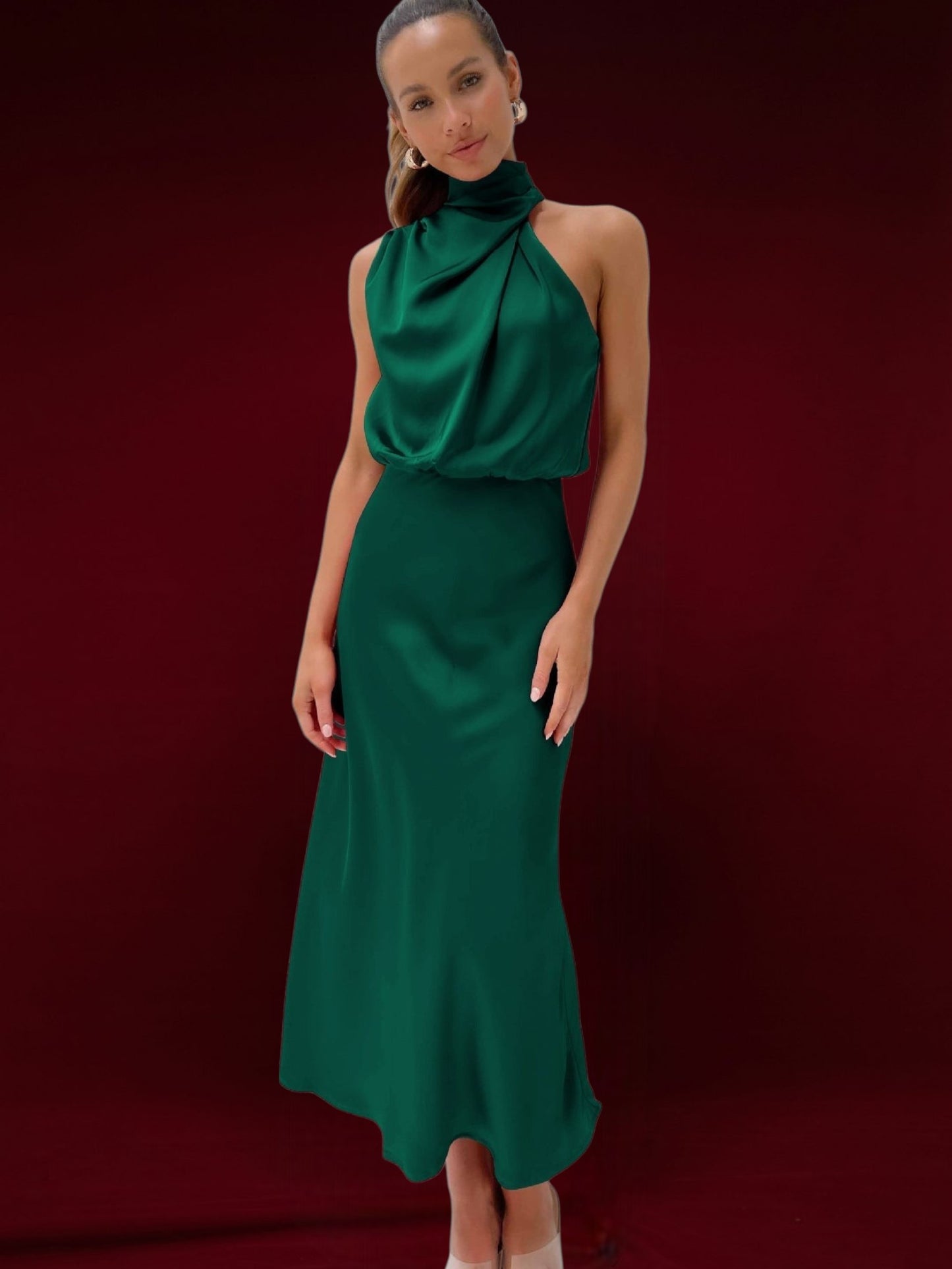Elise | Elegant Satin Halter Neck Maxi Dress for Women, Flattering Flowing Fit | Green