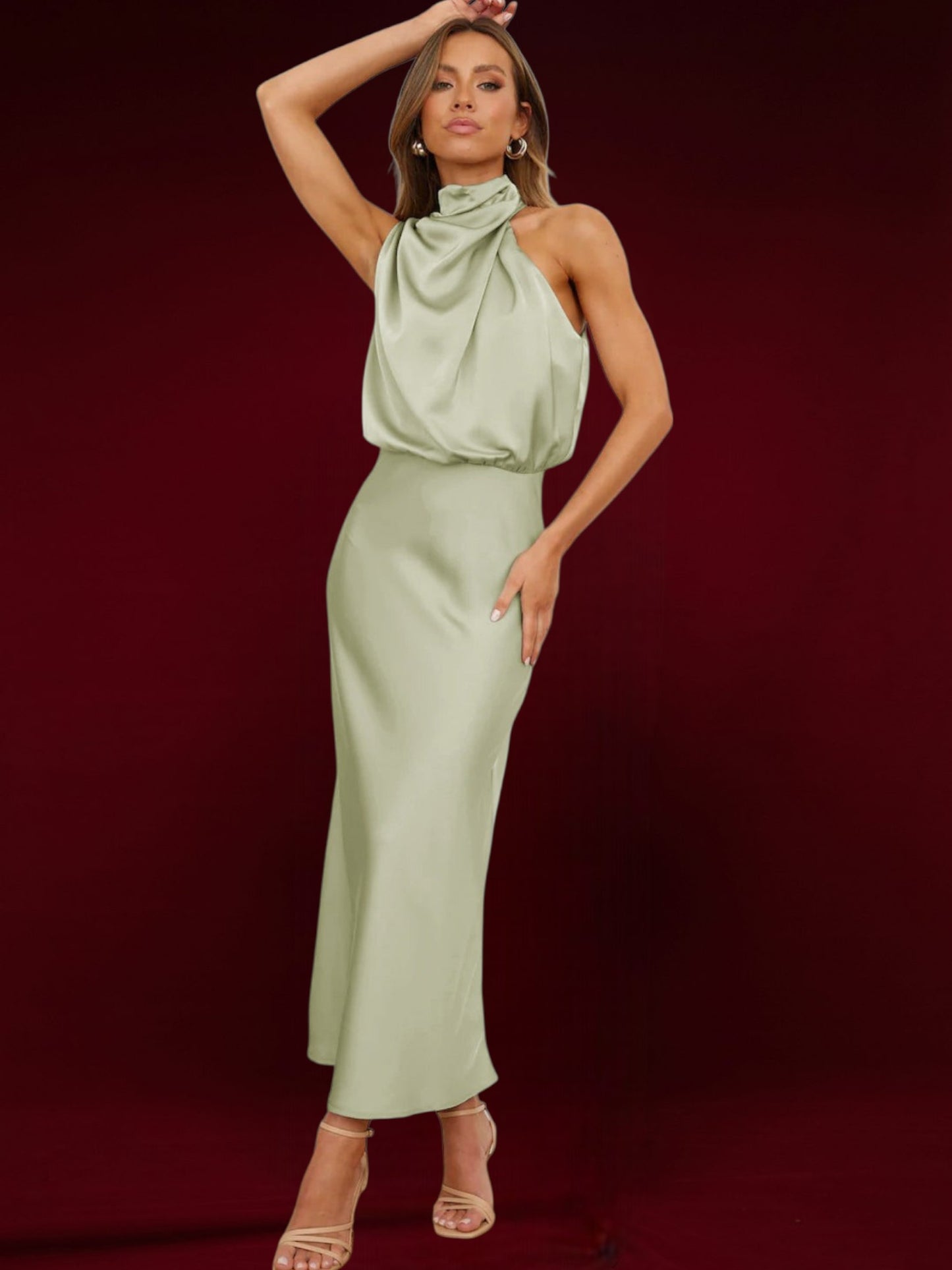 Elise | Elegant Satin Halter Neck Maxi Dress for Women, Flattering Flowing Fit | Light Green
