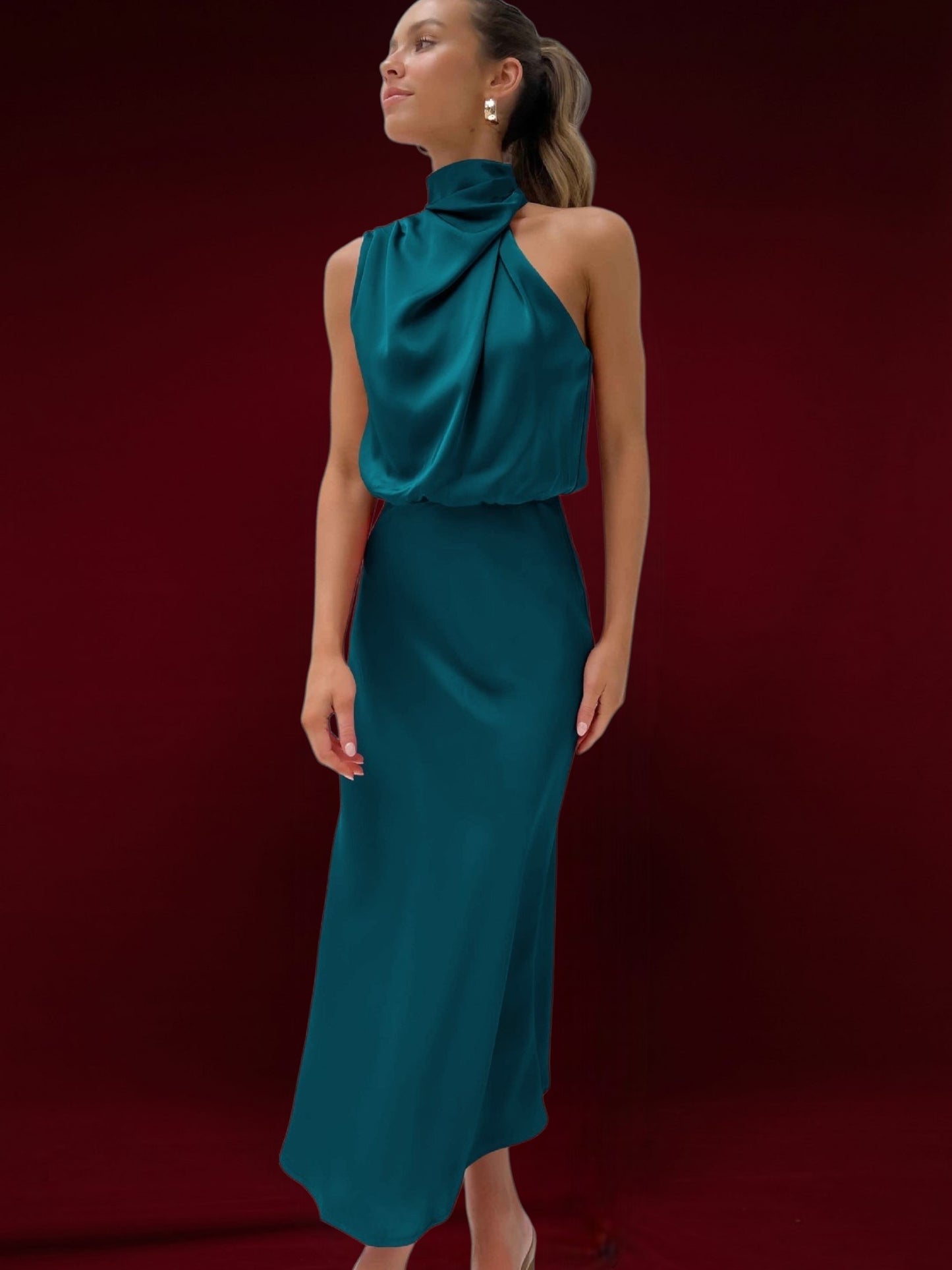 Elise | Elegant Satin Halter Neck Maxi Dress for Women, Flattering Flowing Fit | Oil blue