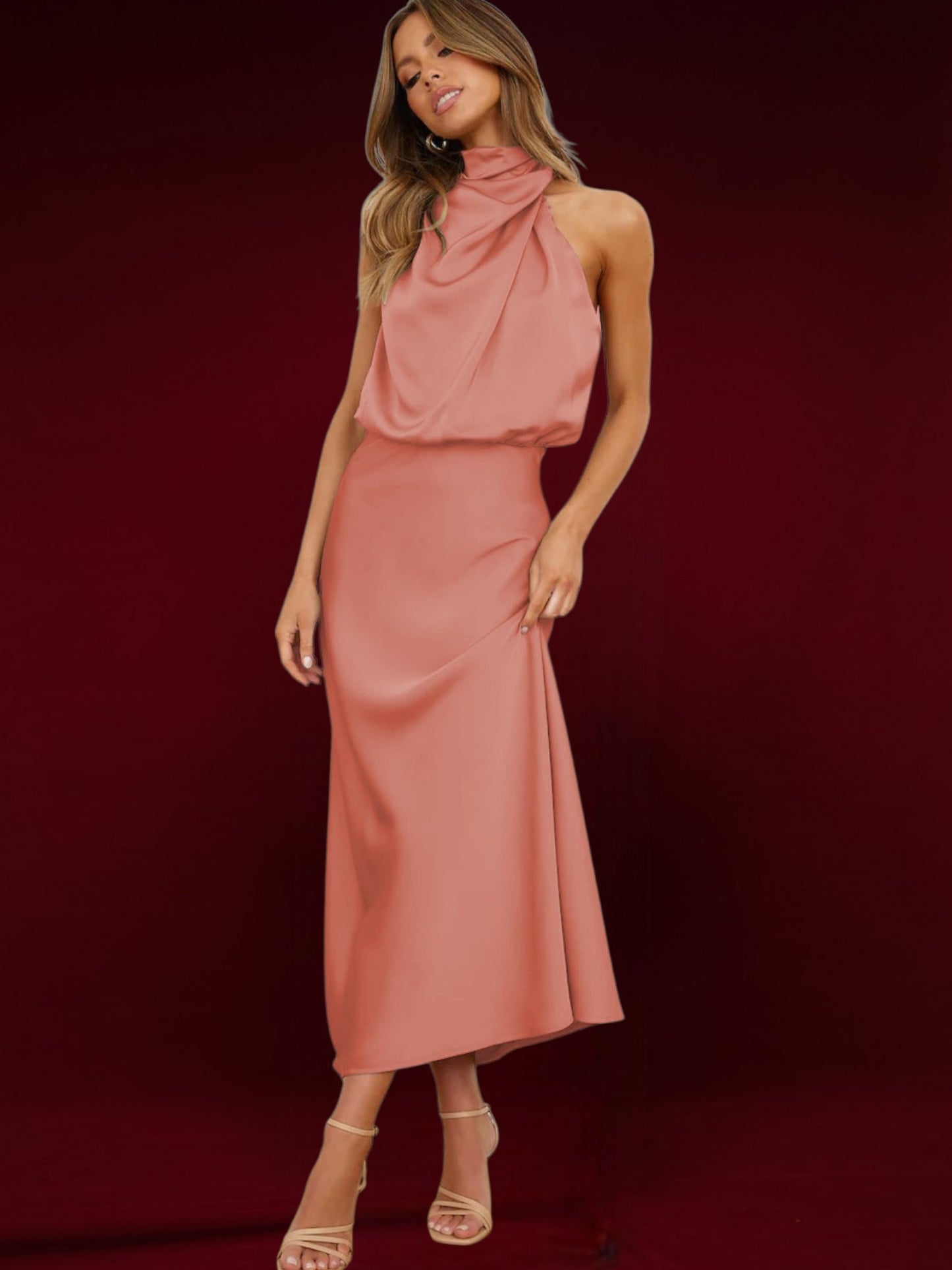 Elise | Elegant Satin Halter Neck Maxi Dress for Women, Flattering Flowing Fit | Pink