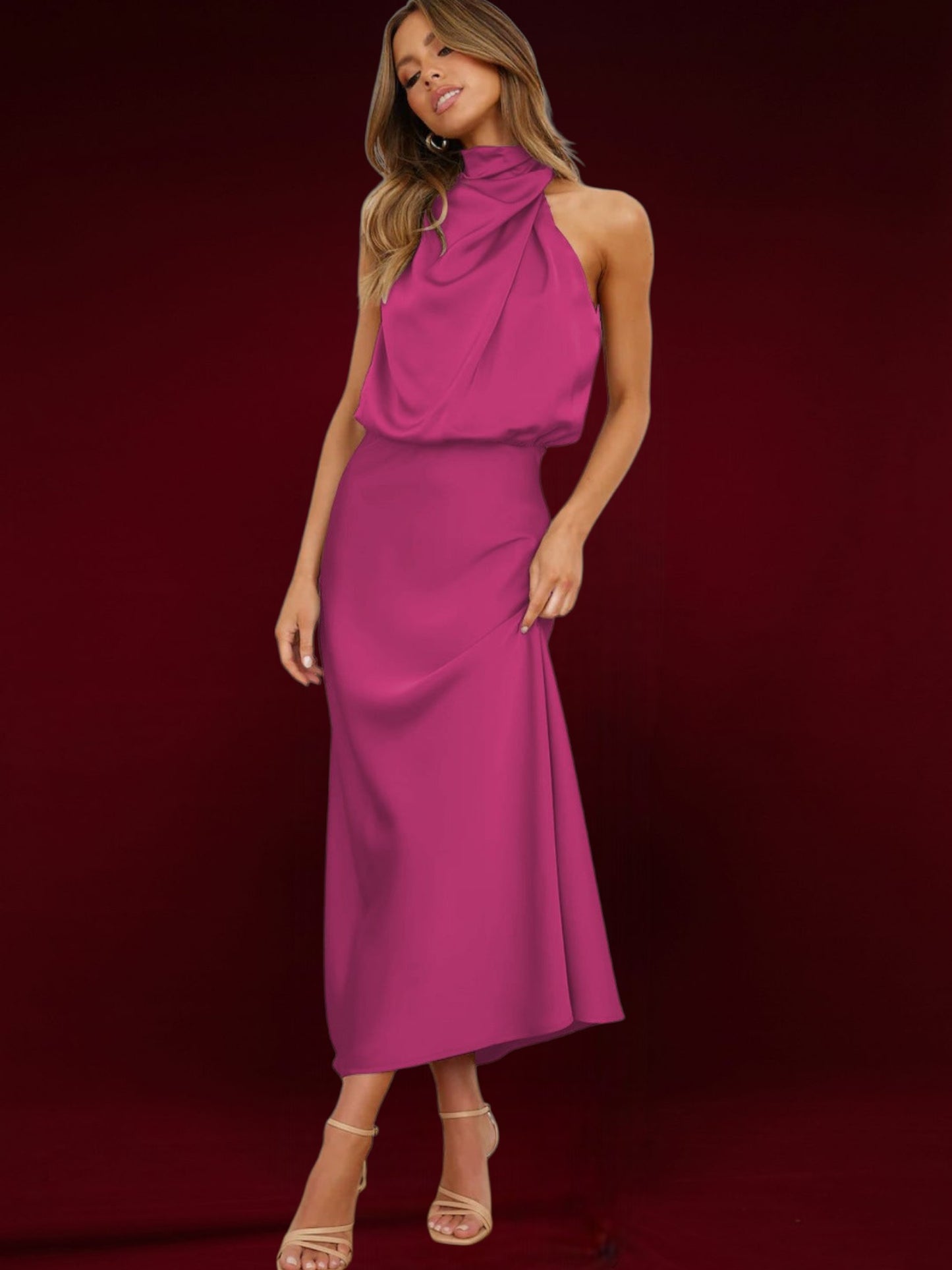 Elise | Elegant Satin Halter Neck Maxi Dress for Women, Flattering Flowing Fit | fuchsia pink