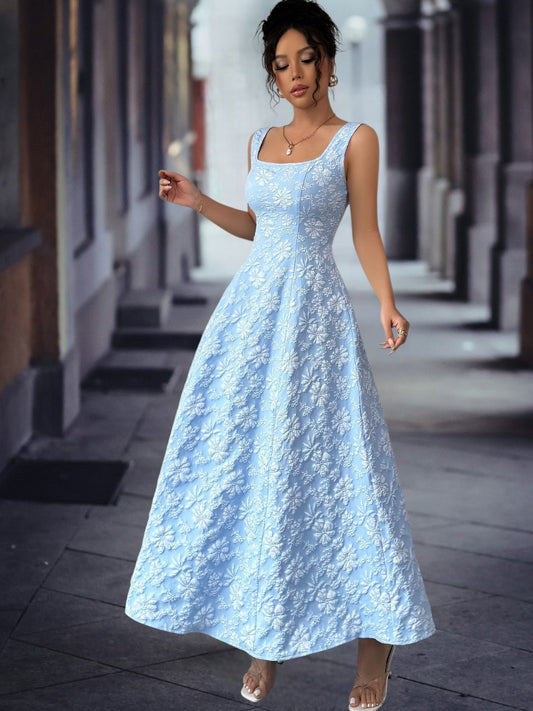 Elowen | Elegant Floral Sleeveless Summer Dress with Square Neckline for Wedding Guests | Sky Blue