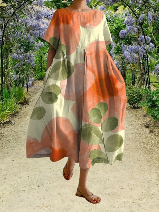 Embla | Women's Casual Loose Maxi Dress with Retro Botanical Floral Design | Orange