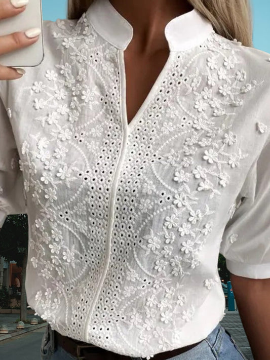 Embroidered Cotton Blouse with Mandarin Collar Eyelet Lace Top and 3/4 Sleeves | white