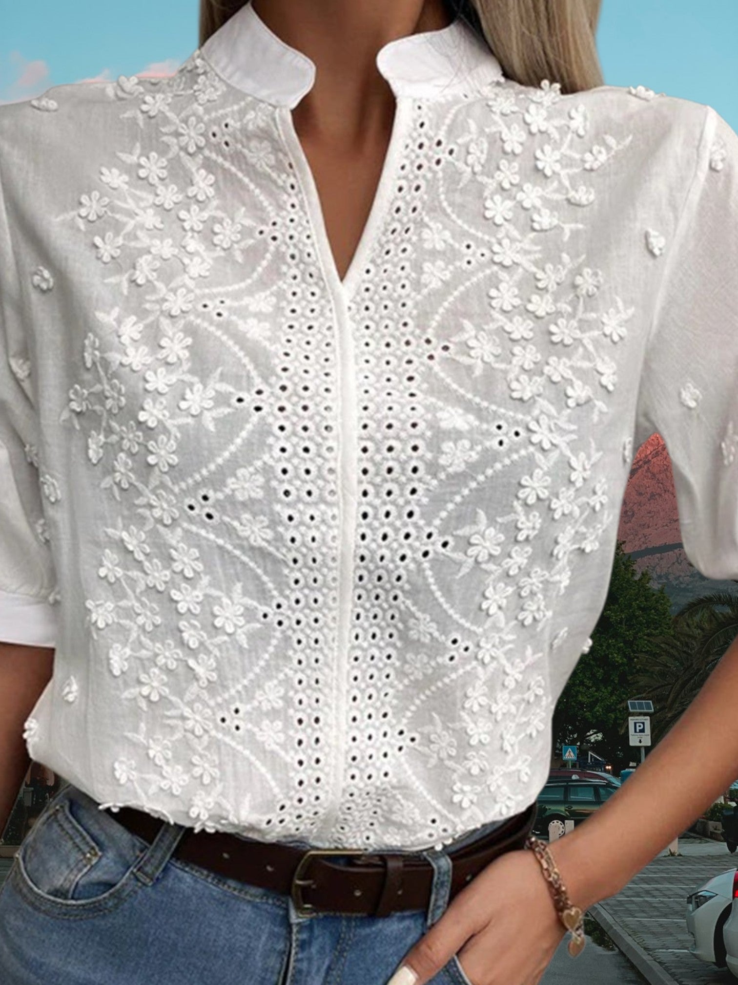 Embroidered Cotton Blouse with Mandarin Collar Eyelet Lace Top and 3/4 Sleeves | white 3