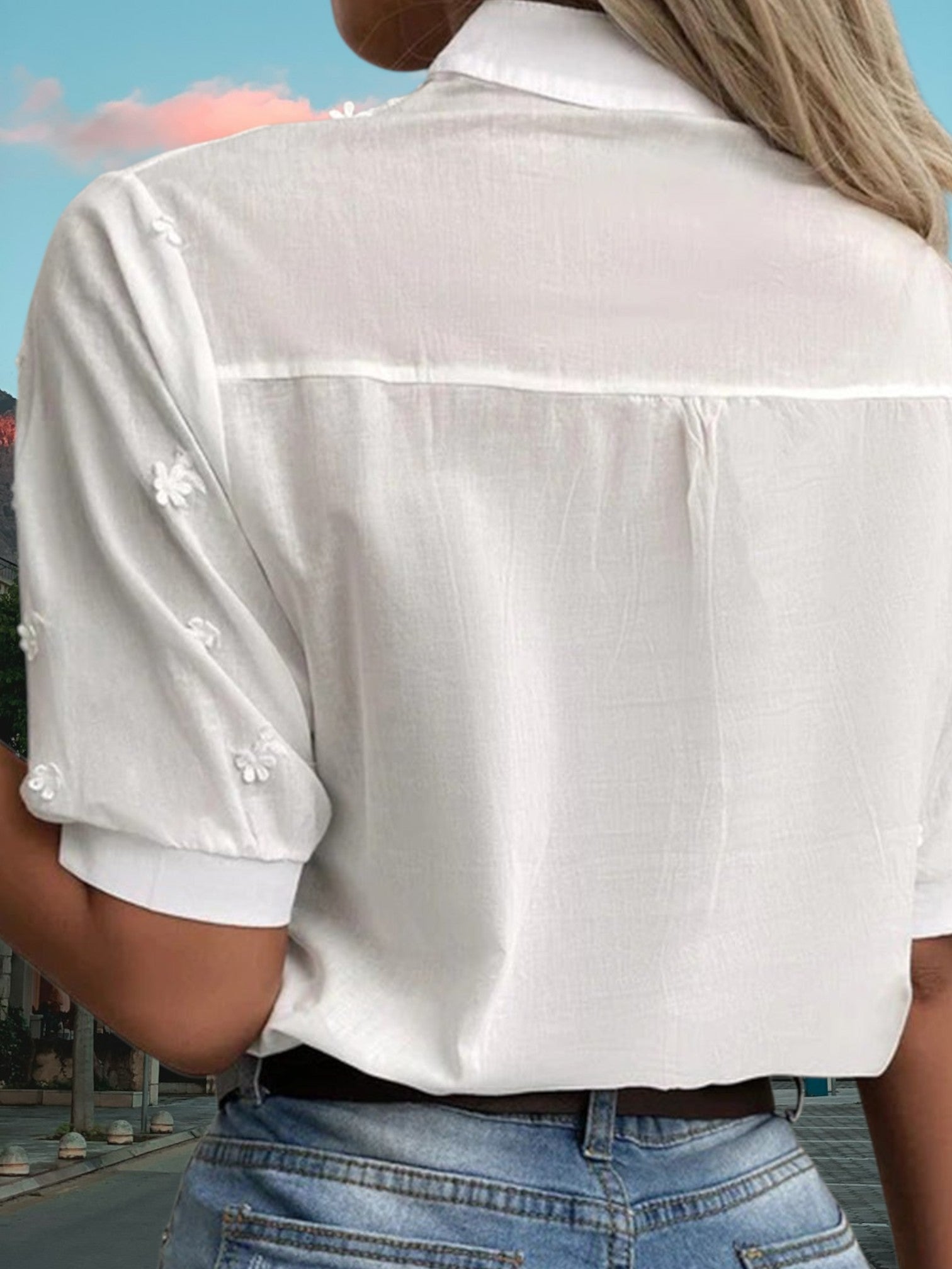 Embroidered Cotton Blouse with Mandarin Collar Eyelet Lace Top and 3/4 Sleeves | white 4