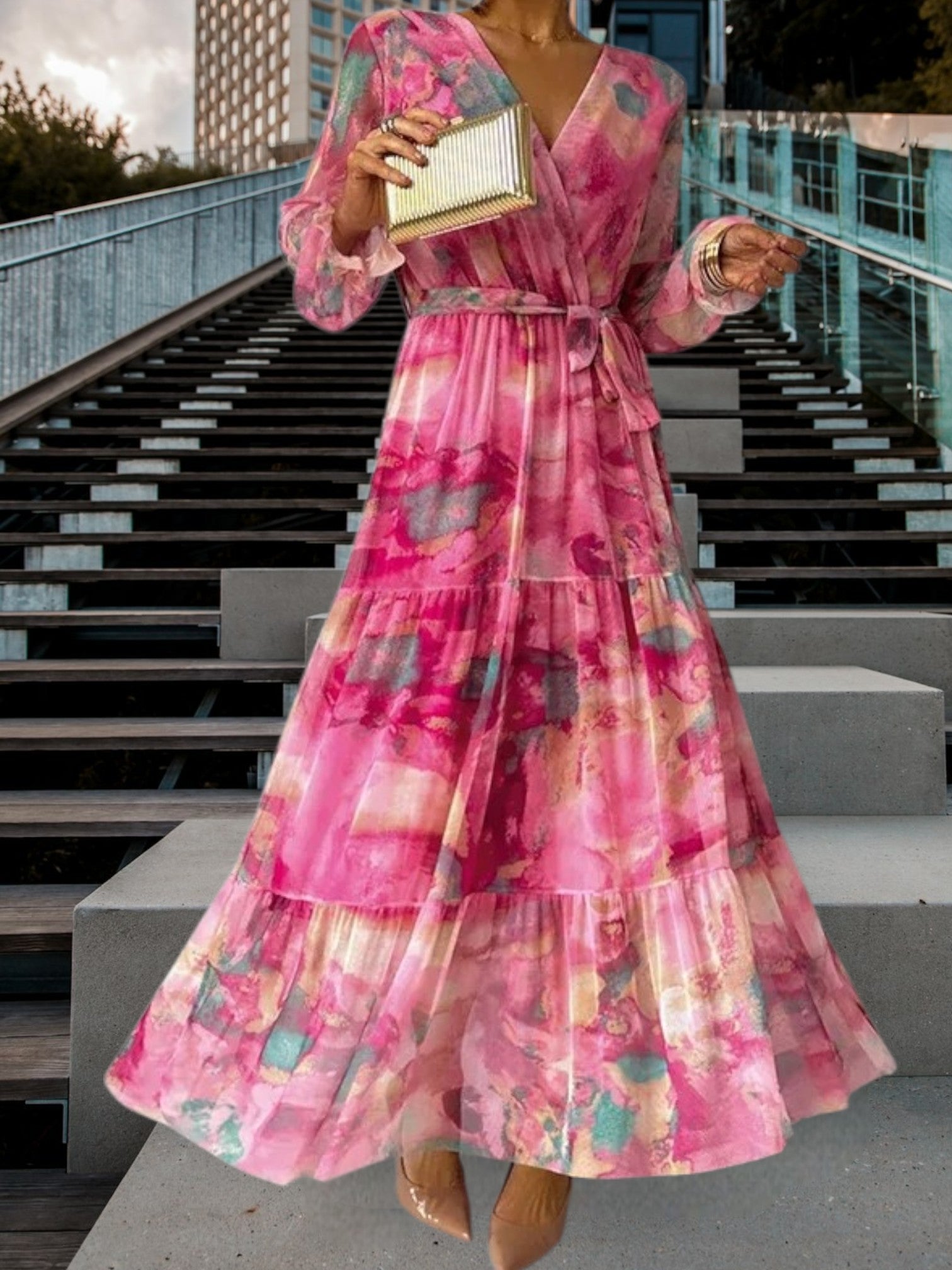Emily | Floral Long sleeves Summer Dress in Lightweight Fabric for Wedding Guests | Pink