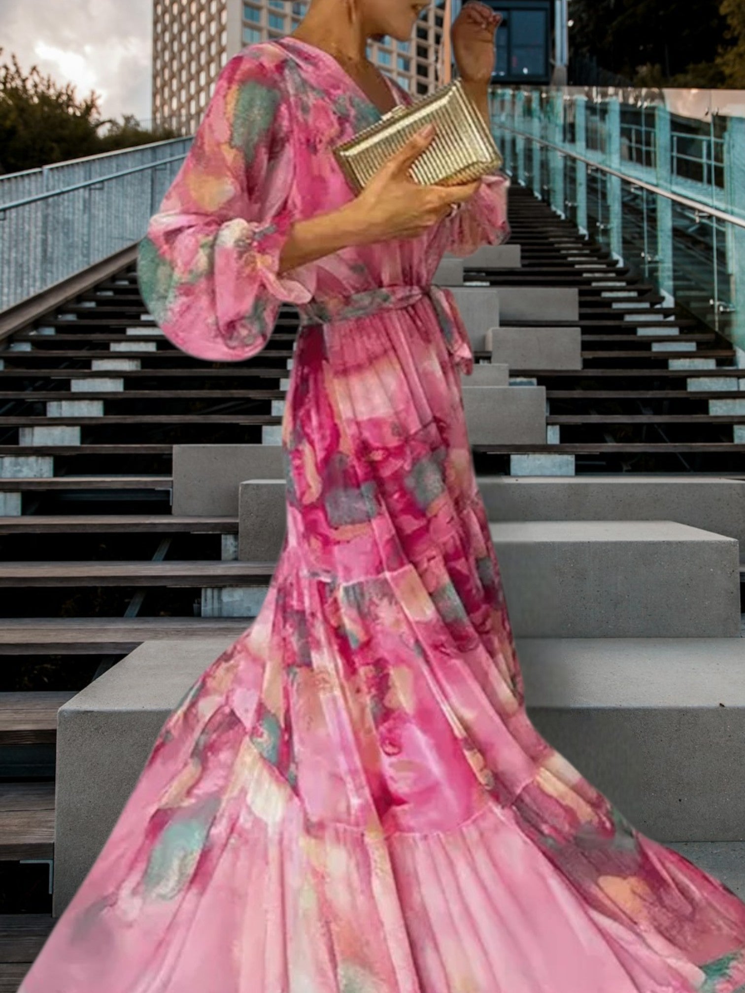Emily | Floral Long sleeves Summer Dress in Lightweight Fabric for Wedding Guests | Pink 3