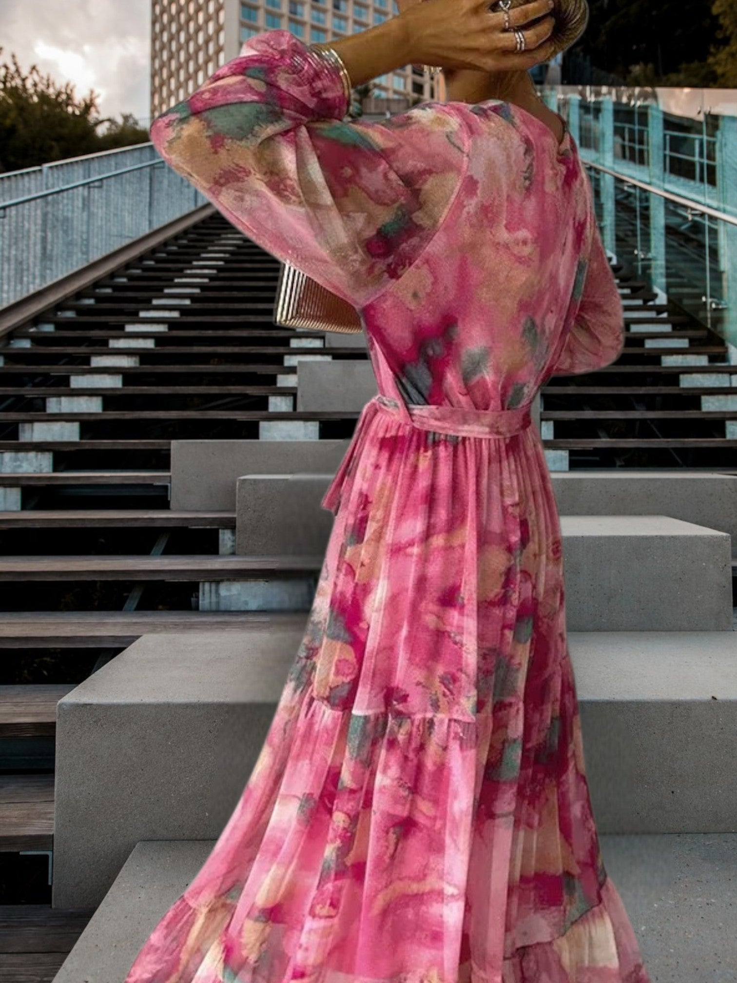 Emily | Floral Long sleeves Summer Dress in Lightweight Fabric for Wedding Guests | Pink 4
