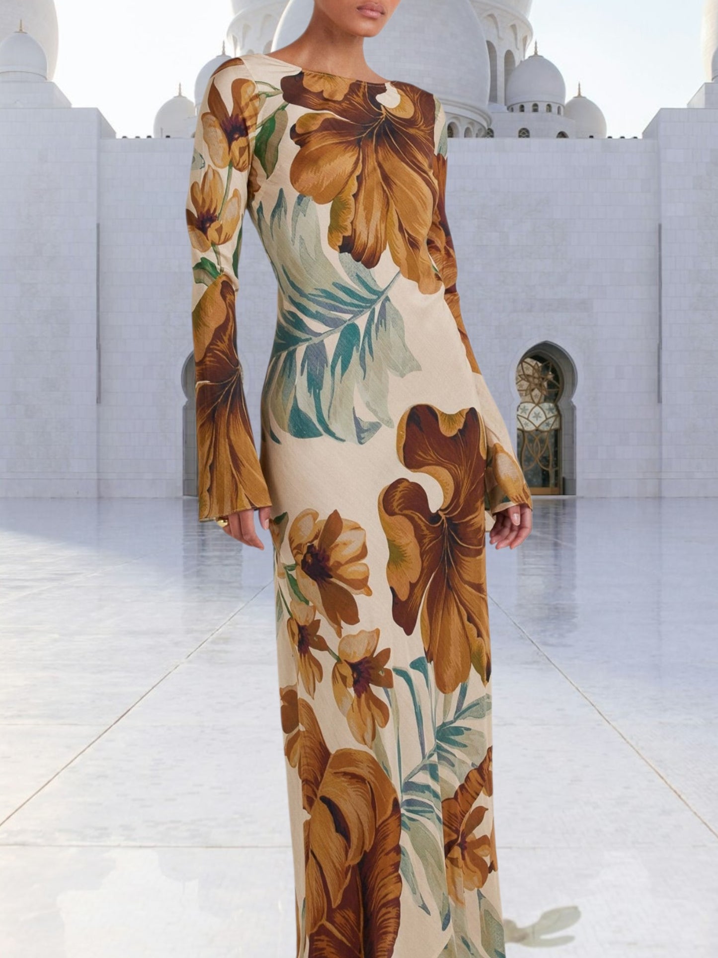Emma | Elegant Floral Maxi Dress with Puff Sleeves for Women | Brown