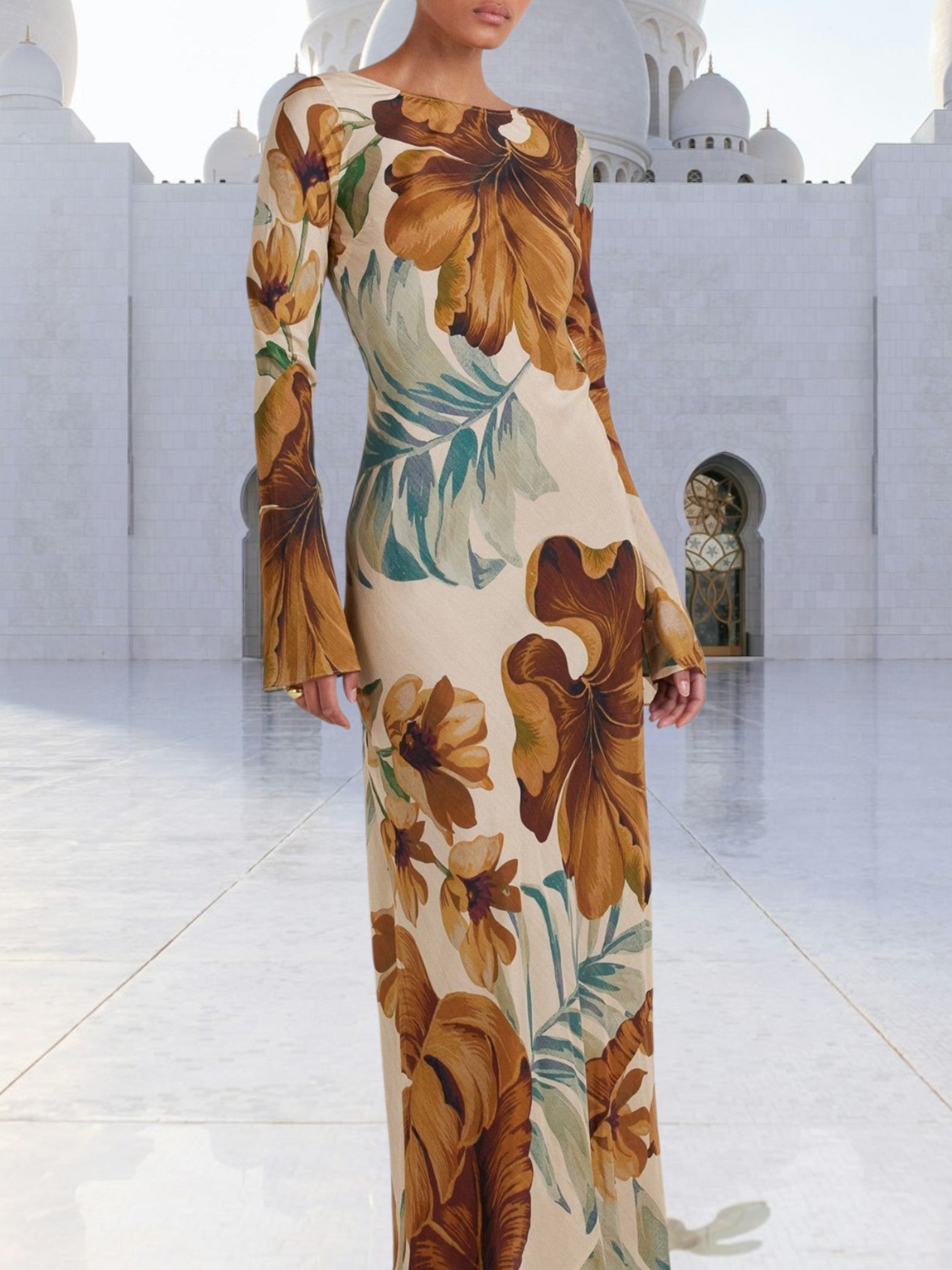 Emma | Elegant Floral Maxi Dress with Puff Sleeves for Women | Brown