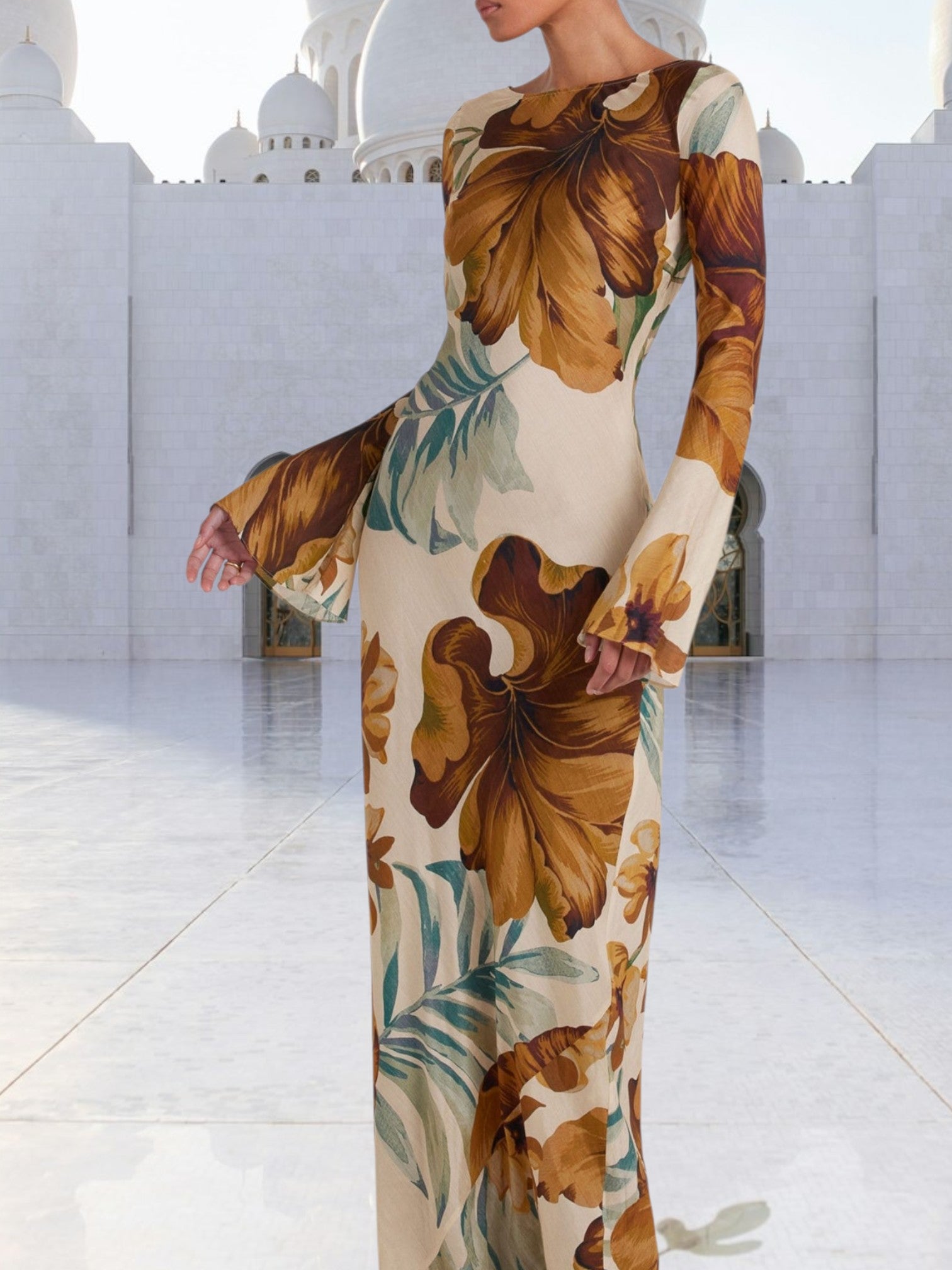 Emma | Elegant Floral Maxi Dress with Puff Sleeves for Women | Brown 2