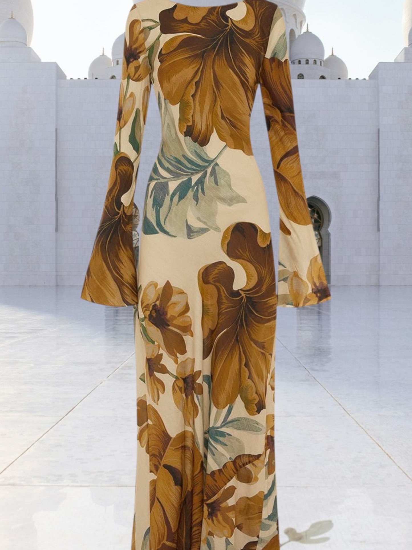 Emma | Elegant Floral Maxi Dress with Puff Sleeves for Women | Brown 3