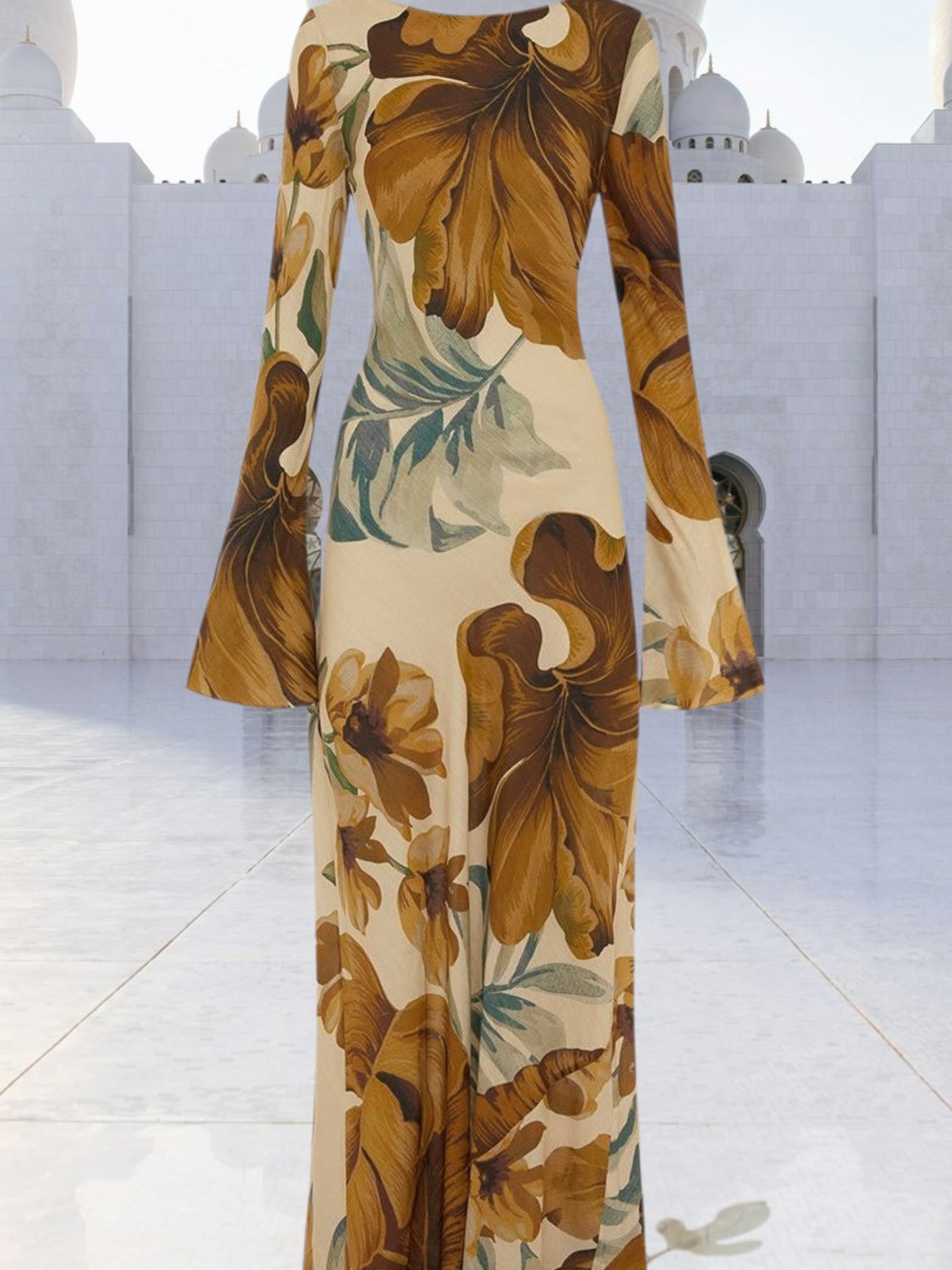 Emma | Elegant Floral Maxi Dress with Puff Sleeves for Women | Brown 3