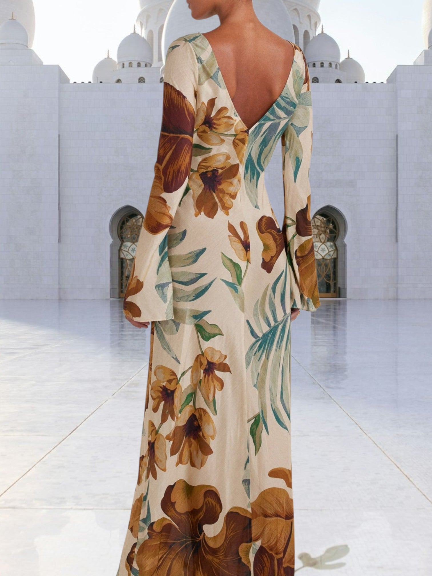 Emma | Elegant Floral Maxi Dress with Puff Sleeves for Women | Brown 4