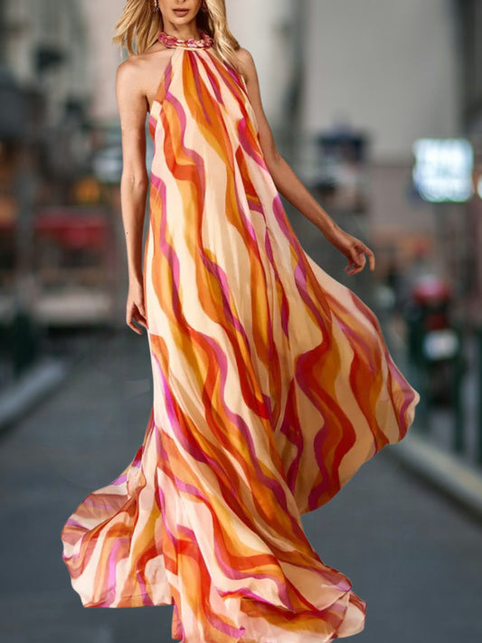 Emma | Elegant Sleeveless Wave Print Maxi Dress for Women in Soft Fabric | Orange