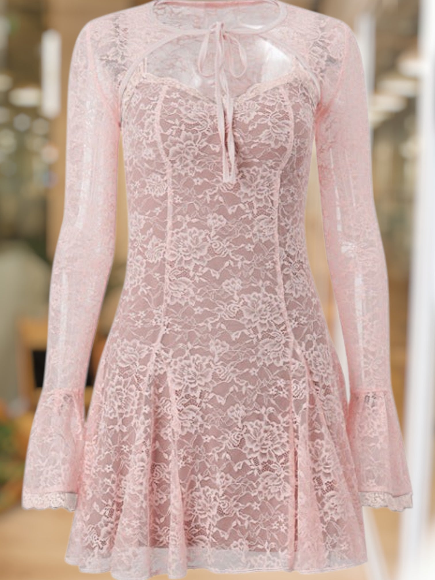 Emma | Elegant Women's Dress with Cut-Out Neckline, Ruffle Details, and Long Transparent Sleeves | Pink