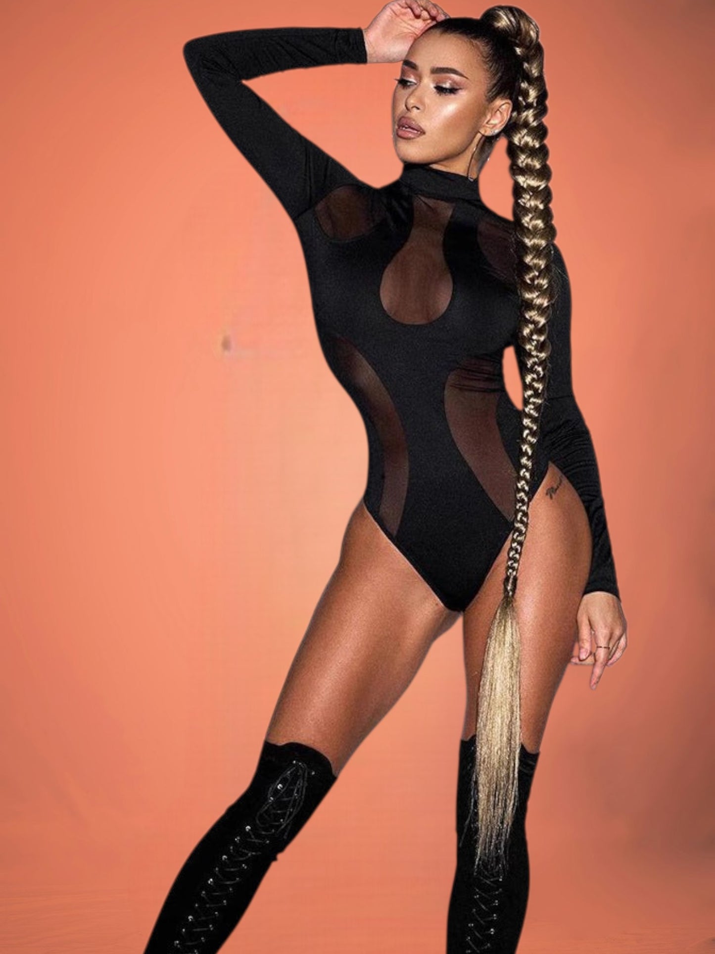Emma | Long Sleeve Bodysuit with Transparent Inserts and Unique Cut-Out Details | Black