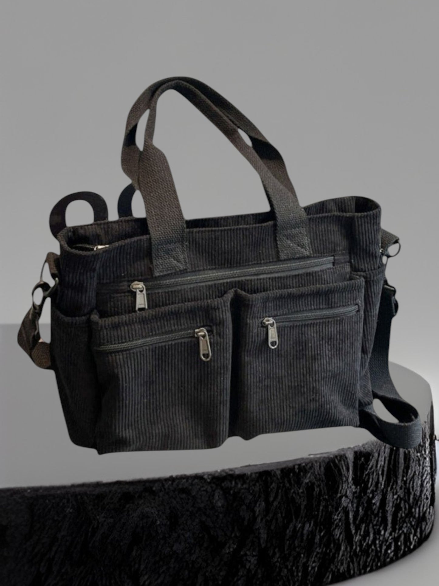 Emma | Spacious Soft Corduroy Shoulder Bag for Women with Adjustable Strap and Zipper Closure | Black