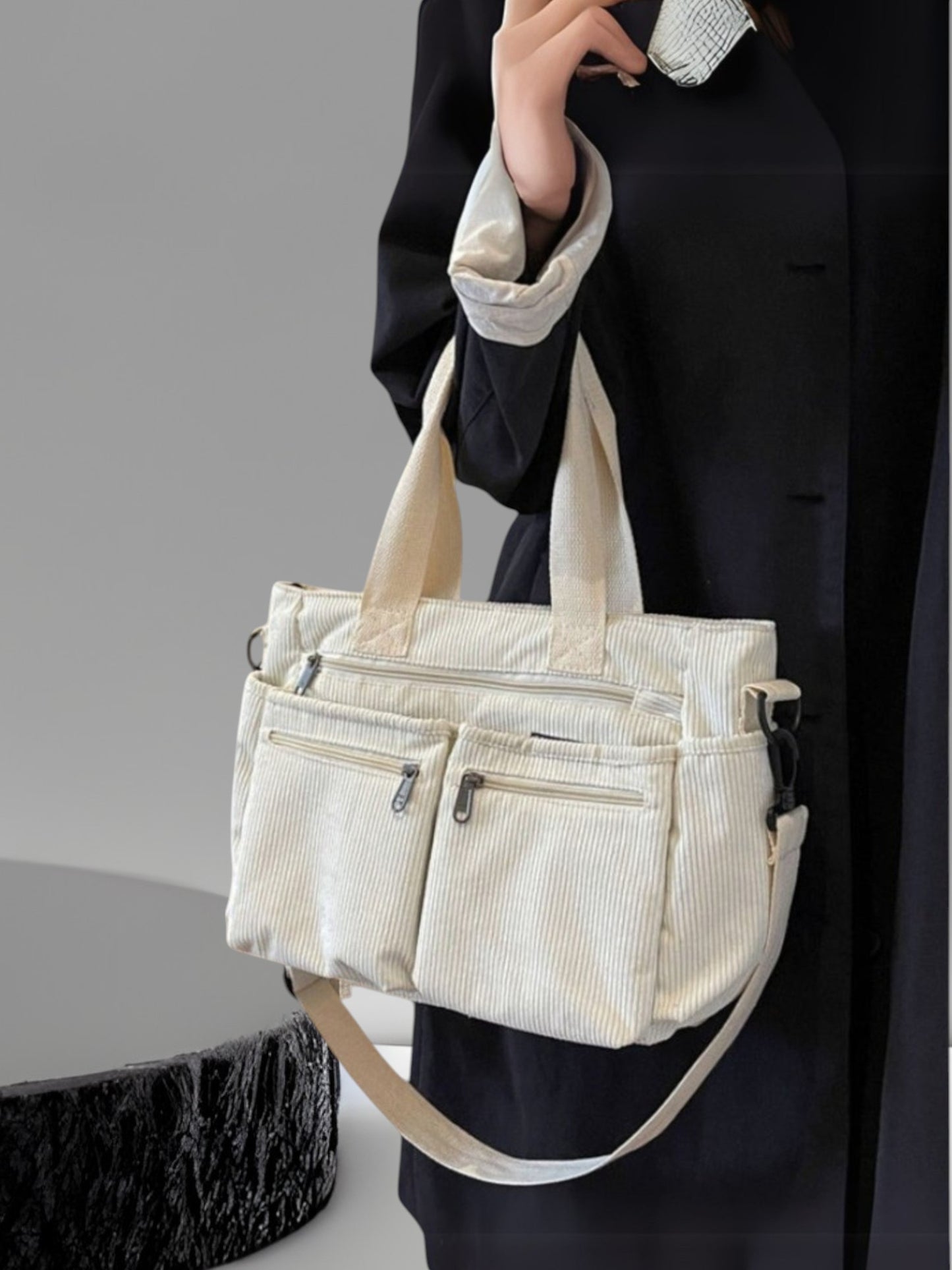 Emma | Spacious Soft Corduroy Shoulder Bag for Women with Adjustable Strap and Zipper Closure | White 2