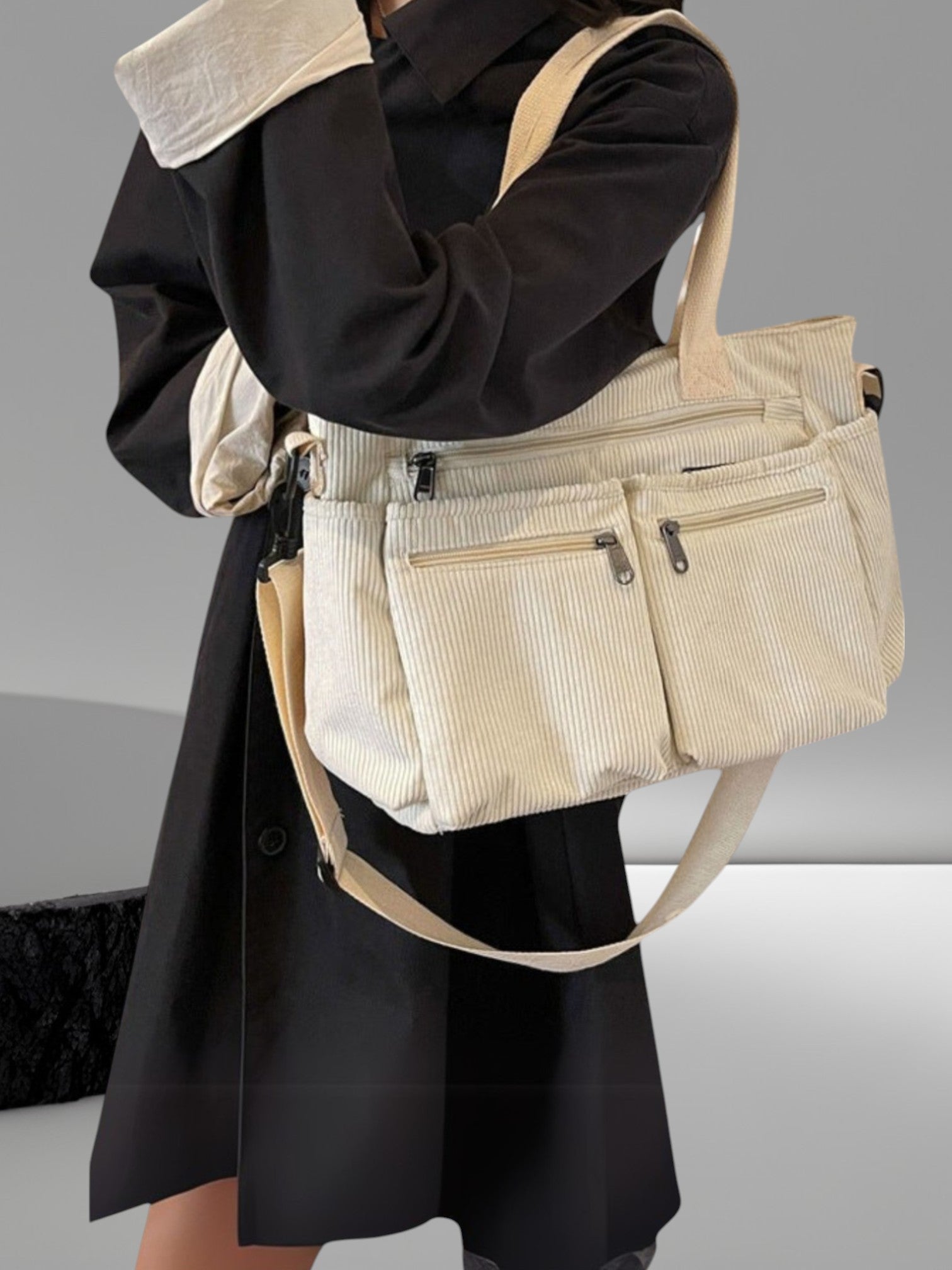 Emma | Spacious Soft Corduroy Shoulder Bag for Women with Adjustable Strap and Zipper Closure | White 3