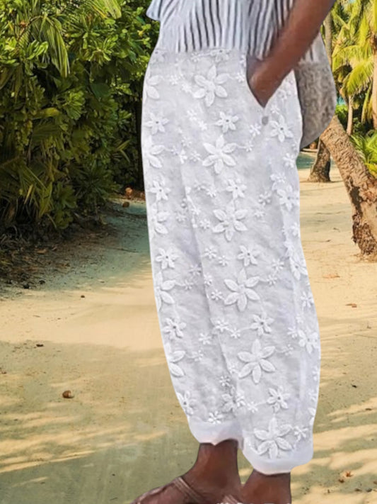Fanny | Women's White Wide Leg Linen Pants with Elastic Waist and Side Pockets | Wfhite
