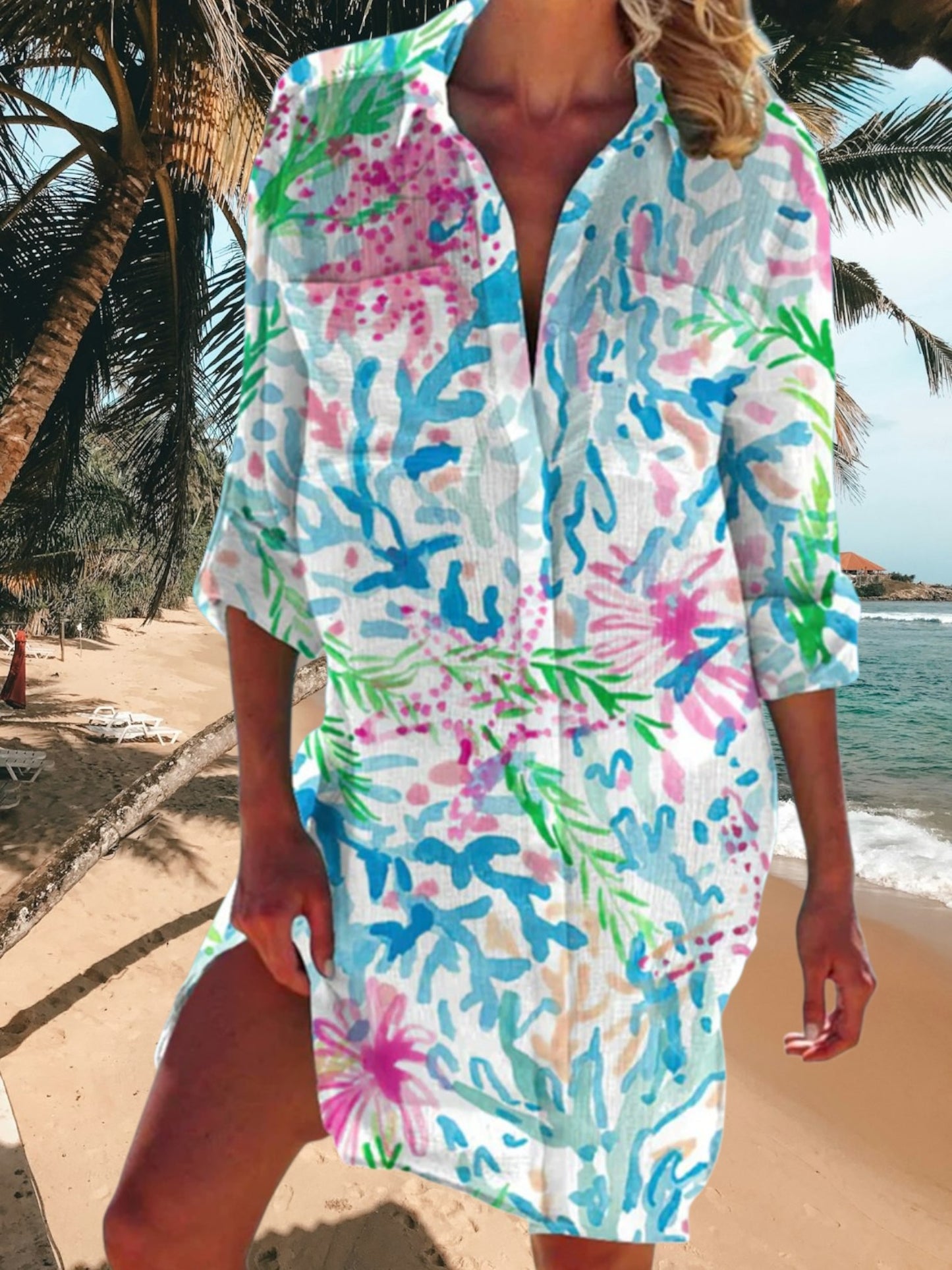 Felina | Women's Boho Summer Dress in Lightweight Fabric with V-Neck and Relaxed Fit | Blue coral