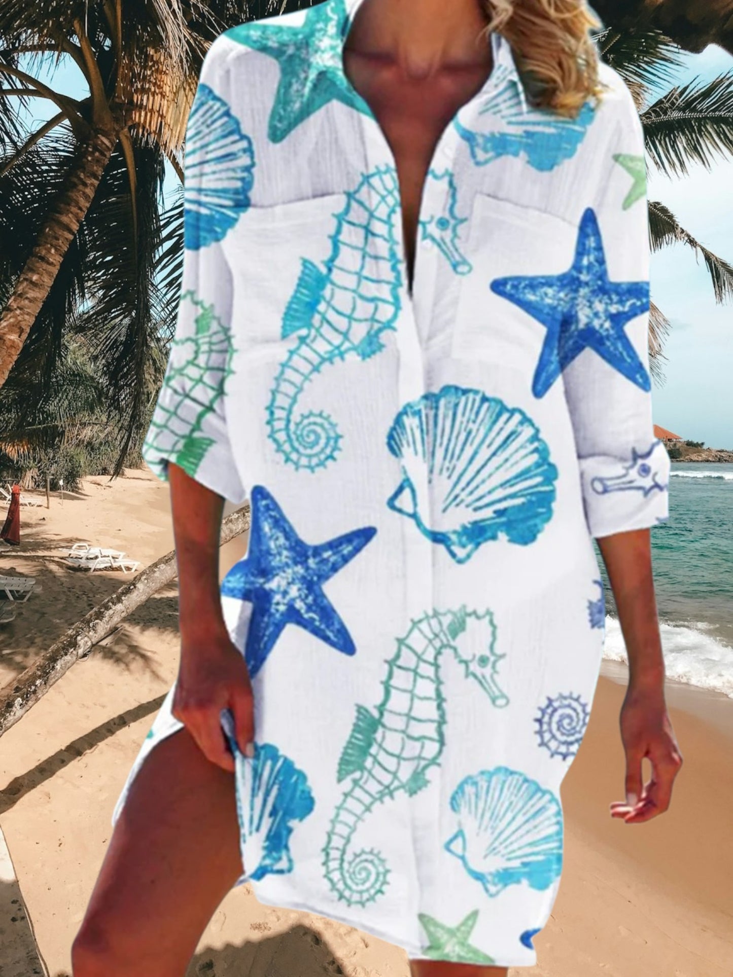 Felina | Women's Boho Summer Dress in Lightweight Fabric with V-Neck and Relaxed Fit | Blue seahorses