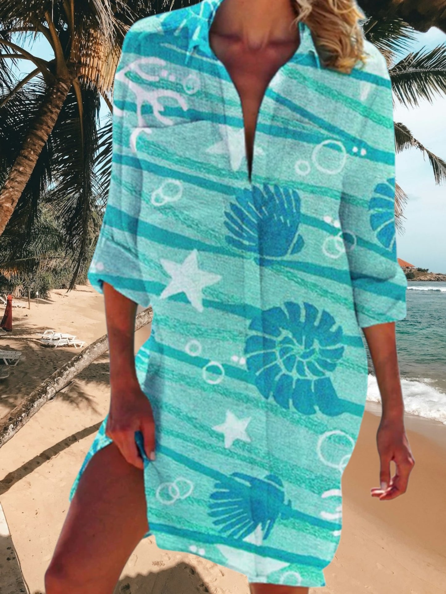 Felina | Women's Boho Summer Dress in Lightweight Fabric with V-Neck and Relaxed Fit | Green shell