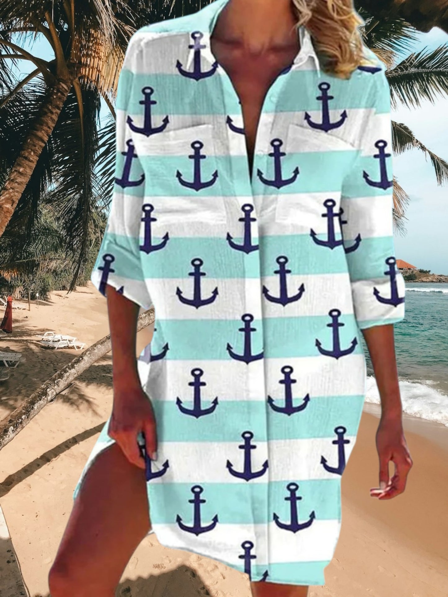 Felina | Women's Boho Summer Dress in Lightweight Fabric with V-Neck and Relaxed Fit | Mint green anchor