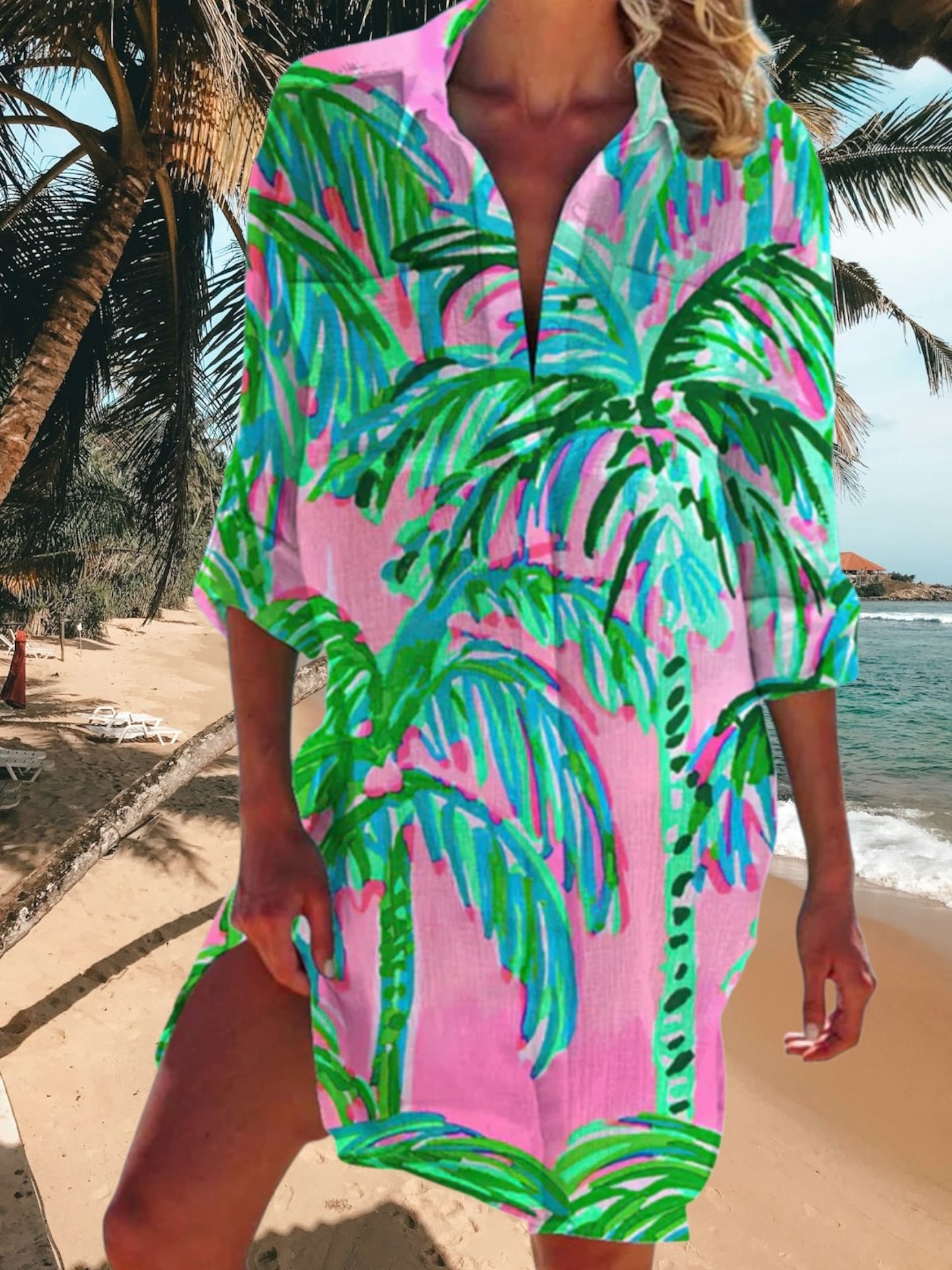 Felina | Women's Boho Summer Dress in Lightweight Fabric with V-Neck and Relaxed Fit | Pink island