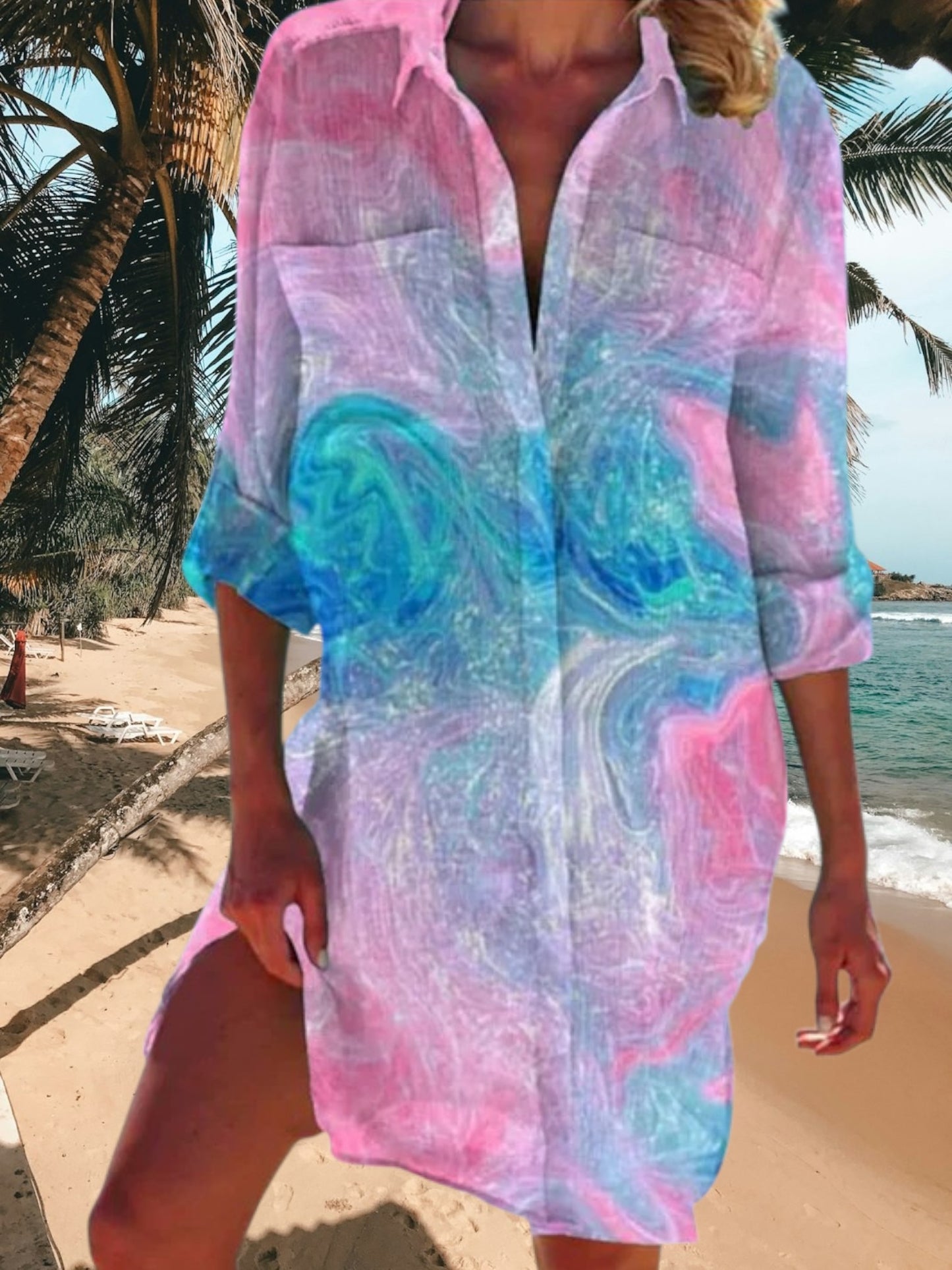 Felina | Women's Boho Summer Dress in Lightweight Fabric with V-Neck and Relaxed Fit | Pink mermaid