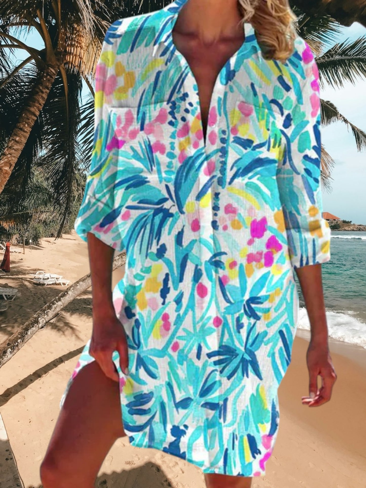 Felina | Women's Boho Summer Dress in Lightweight Fabric with V-Neck and Relaxed Fit | Tropical blue
