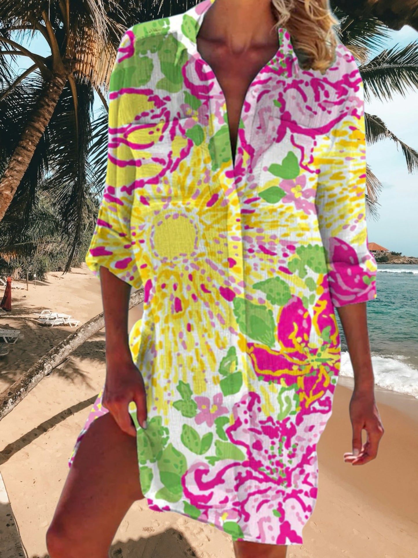 Felina | Women's Boho Summer Dress in Lightweight Fabric with V-Neck and Relaxed Fit | Yellow flowers