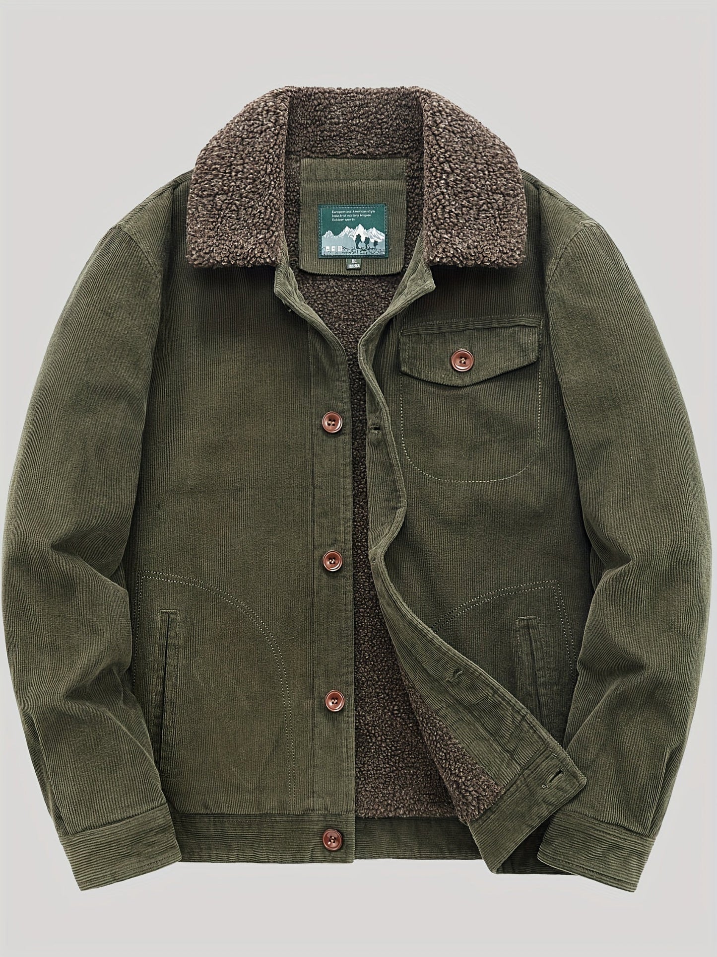 Fleece Jacket for Men, Button Closure, Wind-Resistant | Winter | Army Green