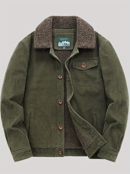 Fleece Jacket for Men, Button Closure, Wind-Resistant | Winter | Army Green