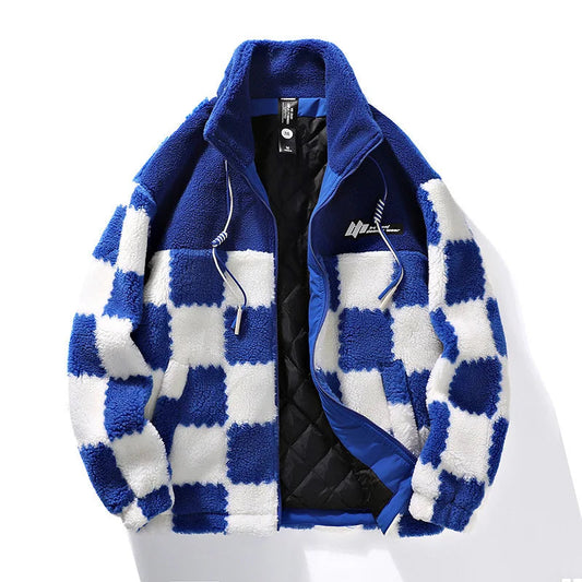 Fleece Jacket for Men | Chessboard Pattern | Winter | Blue