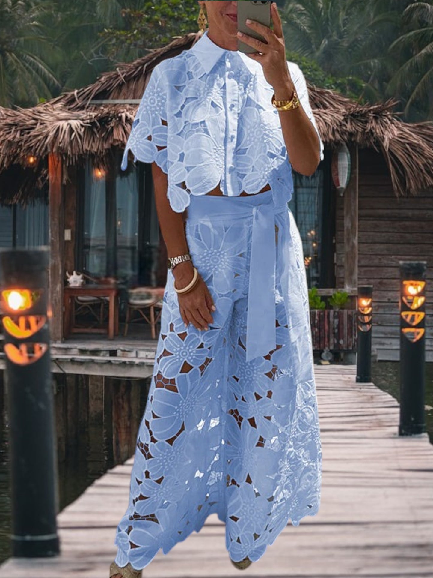 Floral Lace Two Piece Set with Cropped Top and Wide-Leg Trousers | Blue