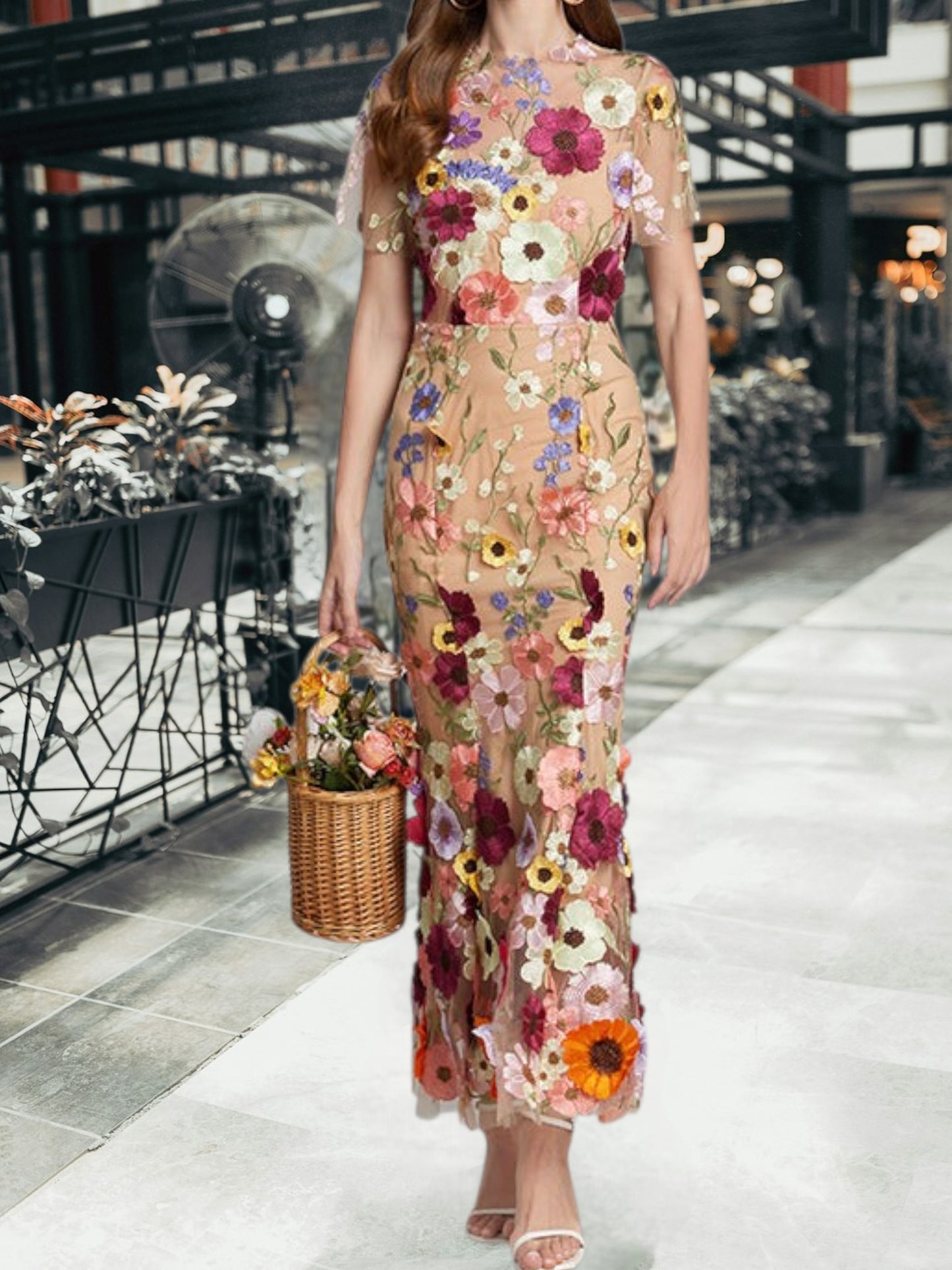 Floral Maxi Dress for Women with Sleeveless Design and Embroidery | Beige