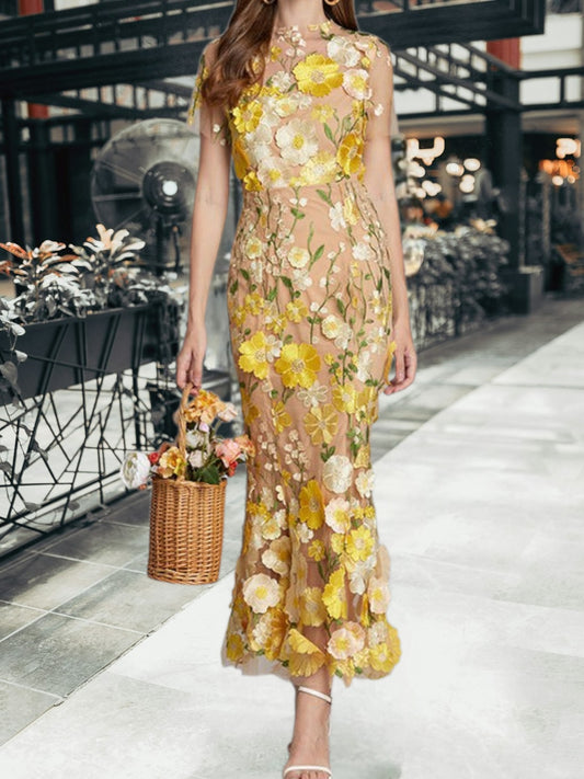 Floral Maxi Dress for Women with Sleeveless Design and Embroidery | Yellow