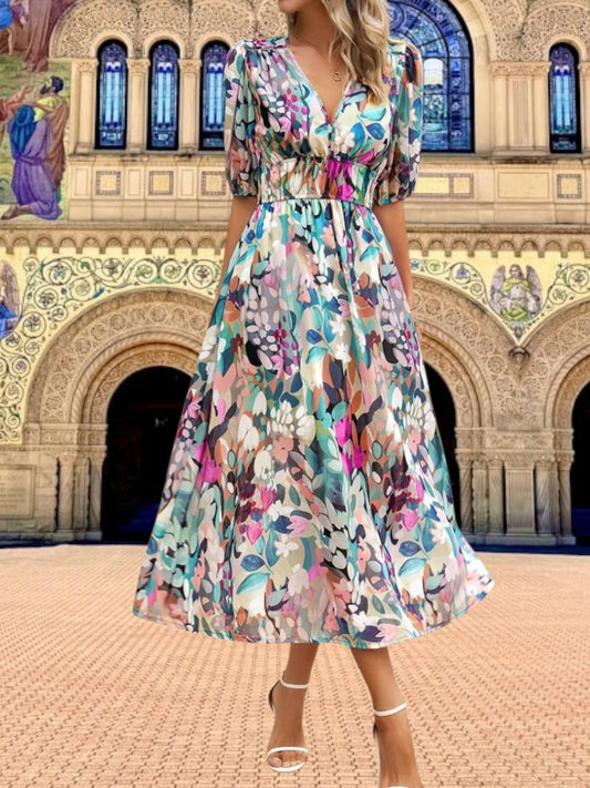 Floral Midi Dress with Puff Sleeves | Floral
