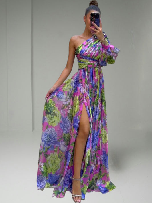 Floral One-Shoulder Dress with Pleated Sleeves | Purple