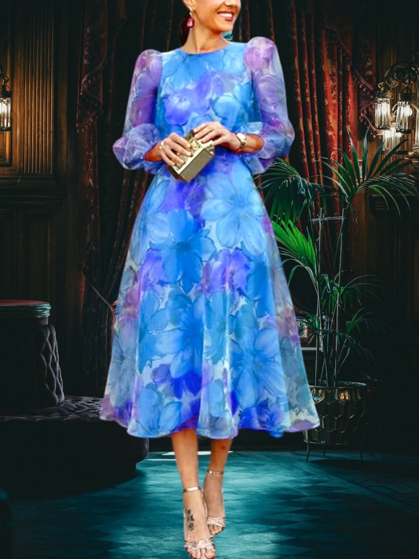 Floral Print Tie-Dye Chiffon Summer Dress with Puff Shoulders and Long Sleeves | Blue