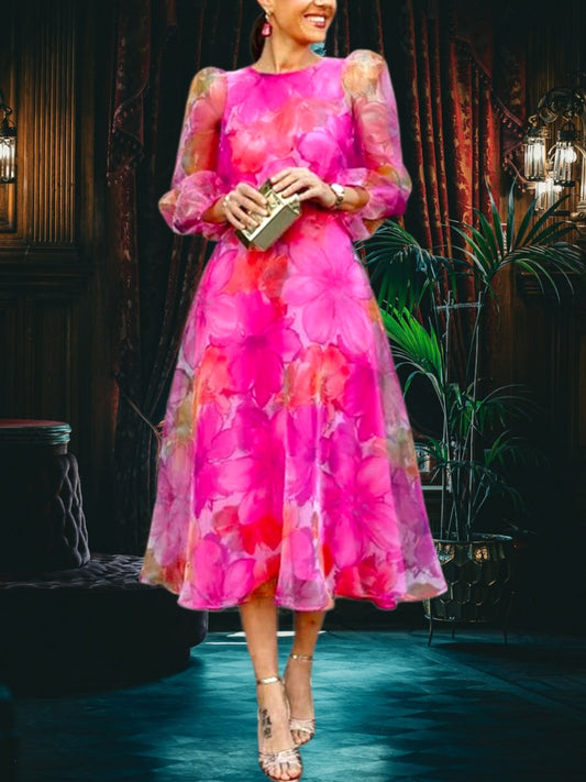 Floral Print Tie-Dye Chiffon Summer Dress with Puff Shoulders and Long Sleeves | Pink