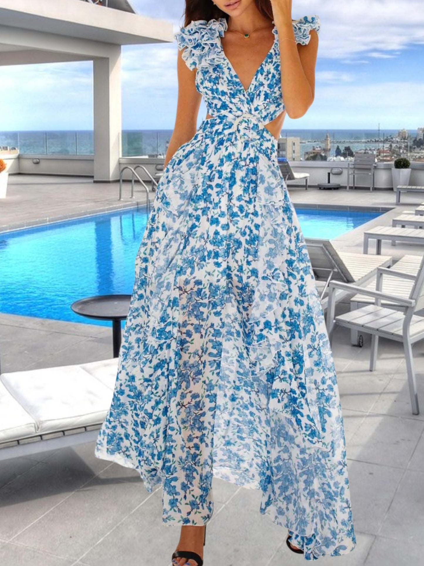 Floral Ruffle Maxi Dress with Deep V-Neck, Ruffled Sleeves, and High Slit | Blue