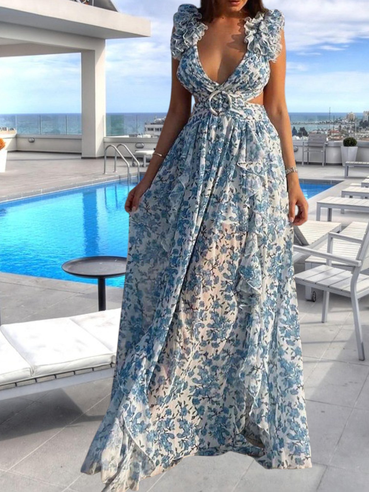 Floral Ruffle Maxi Dress with Deep V-Neck, Ruffled Sleeves, and High Slit | Blue 3
