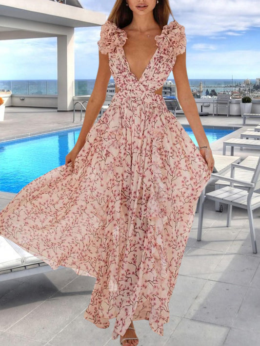 Floral Ruffle Maxi Dress with Deep V-Neck, Ruffled Sleeves, and High Slit | Pink