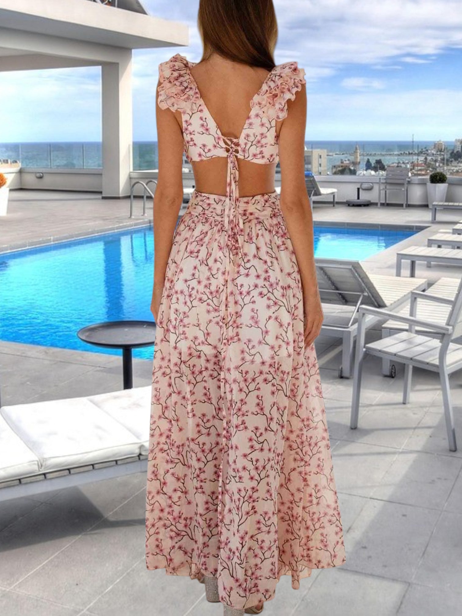 Floral Ruffle Maxi Dress with Deep V-Neck, Ruffled Sleeves, and High Slit | Pink 3
